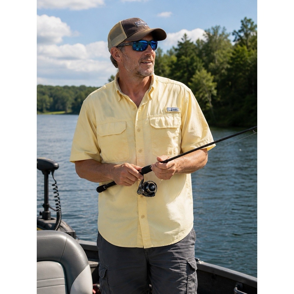 Habit Fishing Shirt Solar Factor Large Yellow Mesh Back Front Pockets 48x31